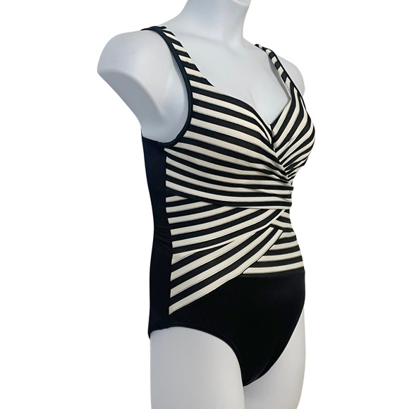 Miraclesuit Sz 10 Gilt Trip Escape Swimsuit Black White Stripe Tummy Control New - Picture 2 of 12